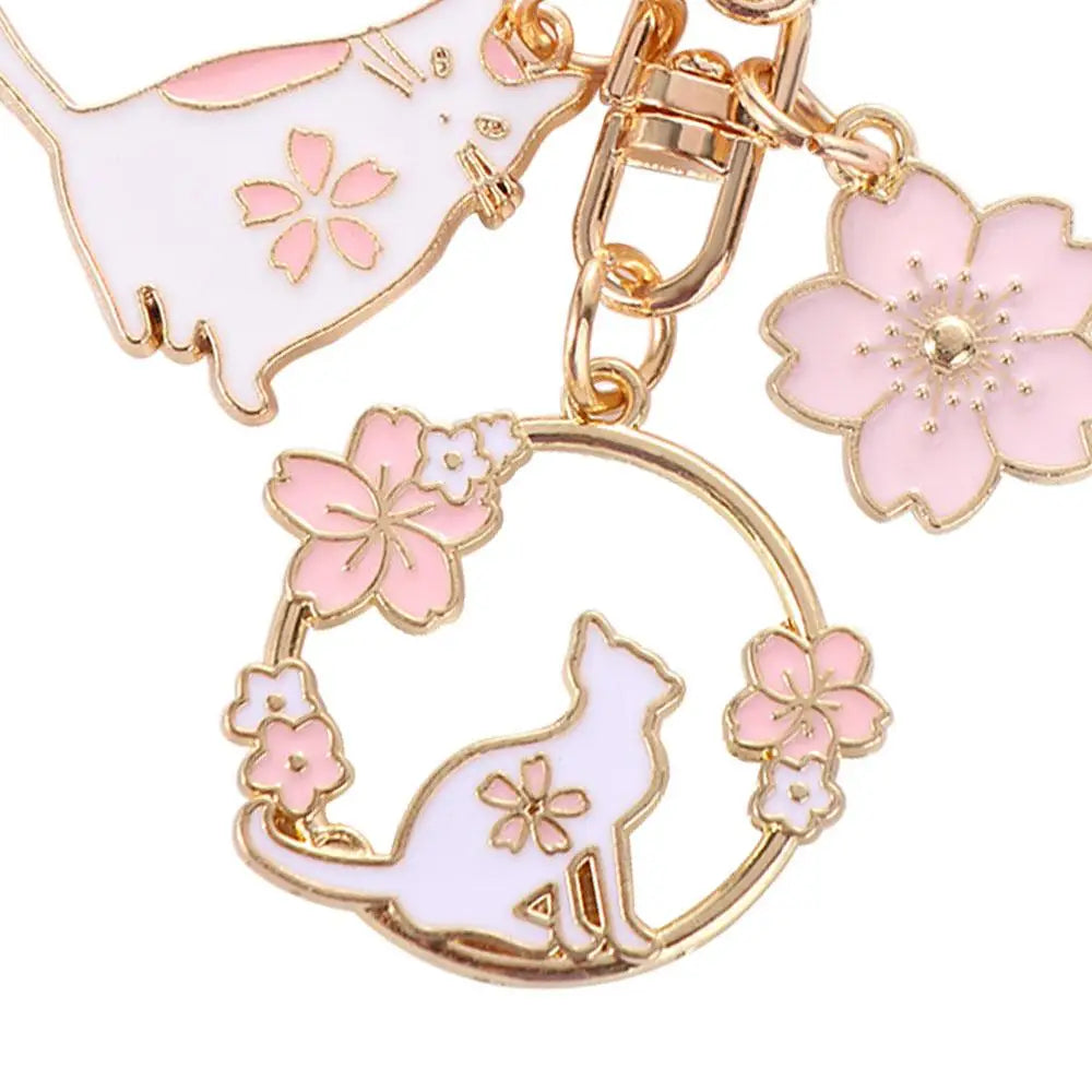Pink Sakura Rabbit and Cat Keychain