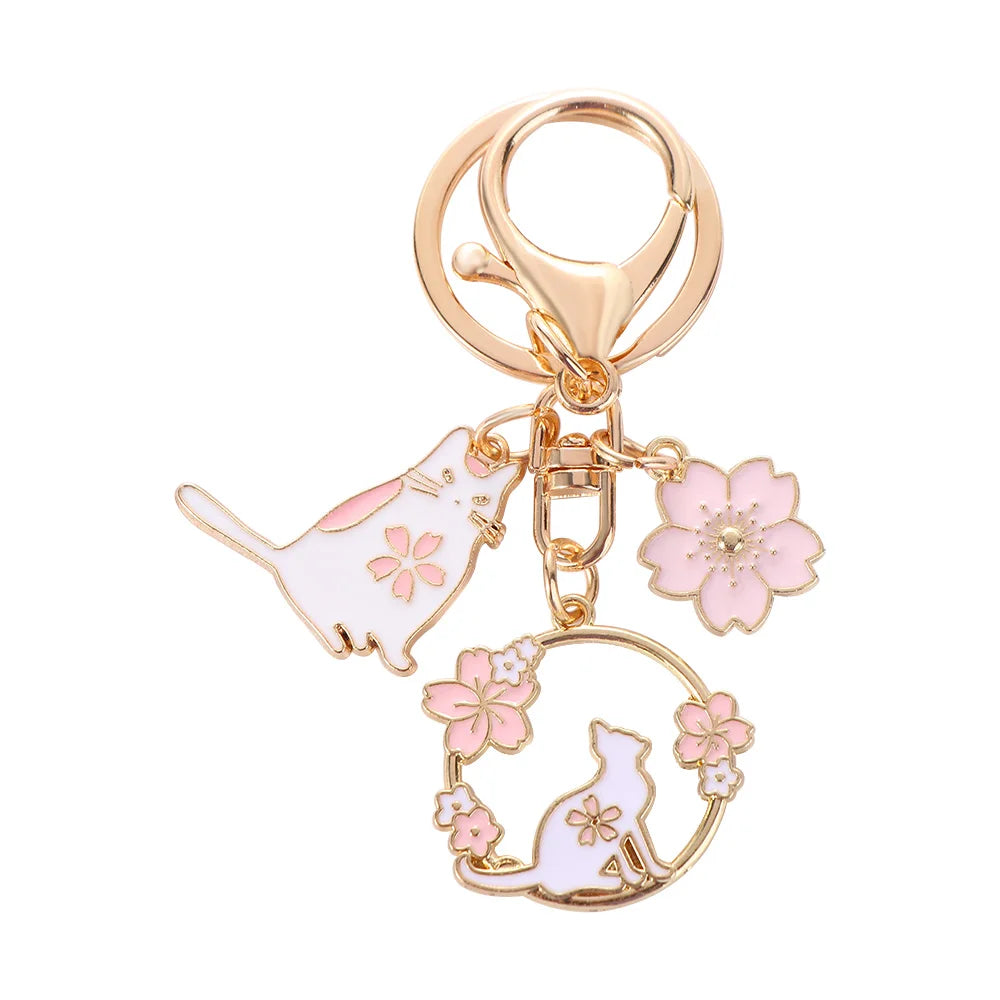Pink Sakura Rabbit and Cat Keychain