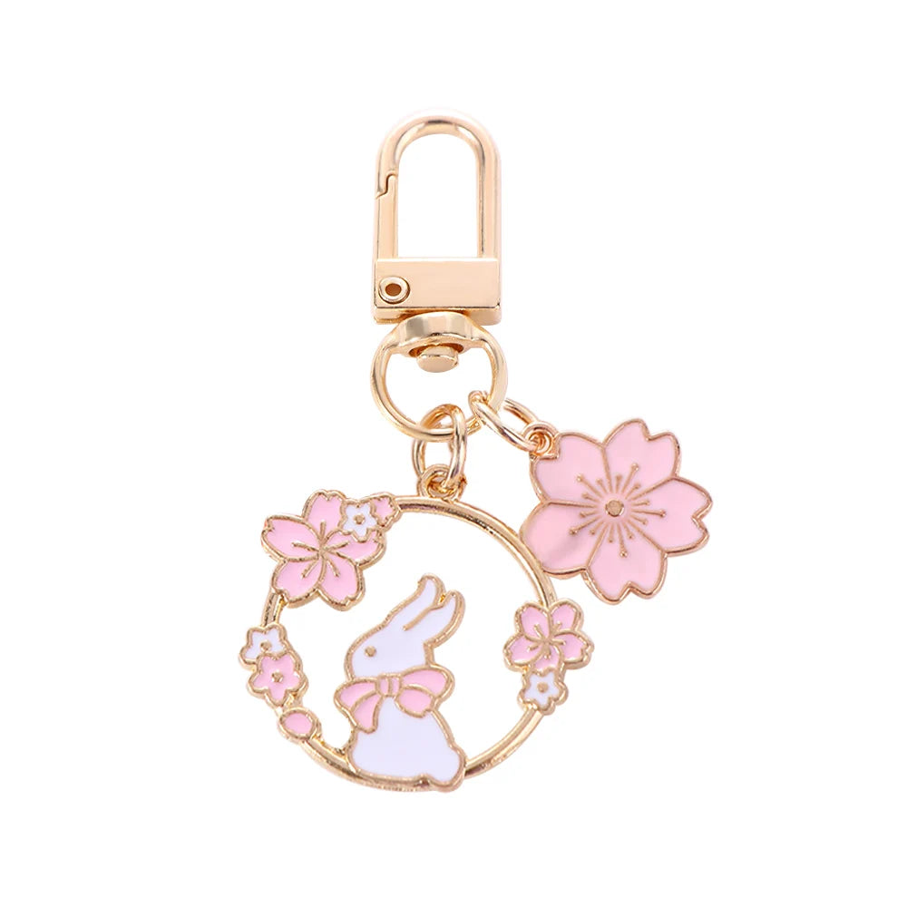 Pink Sakura Rabbit and Cat Keychain