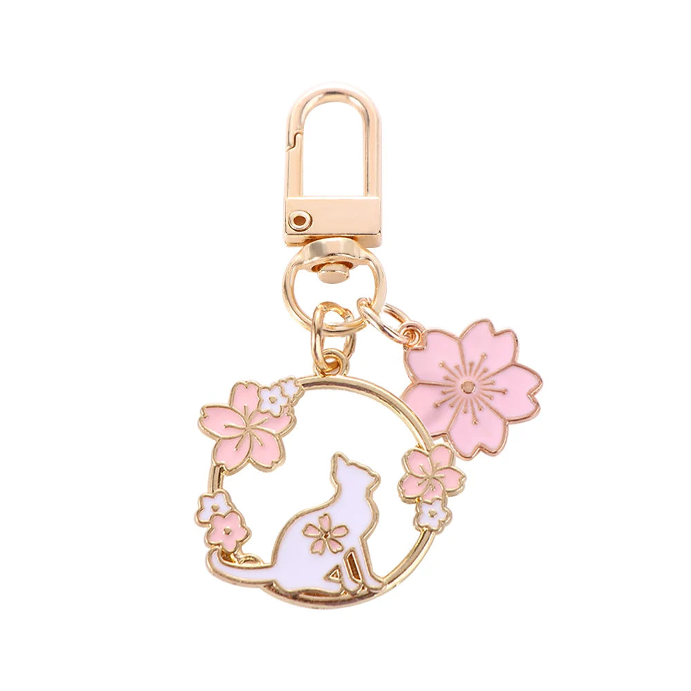 Pink Sakura Rabbit and Cat Keychain