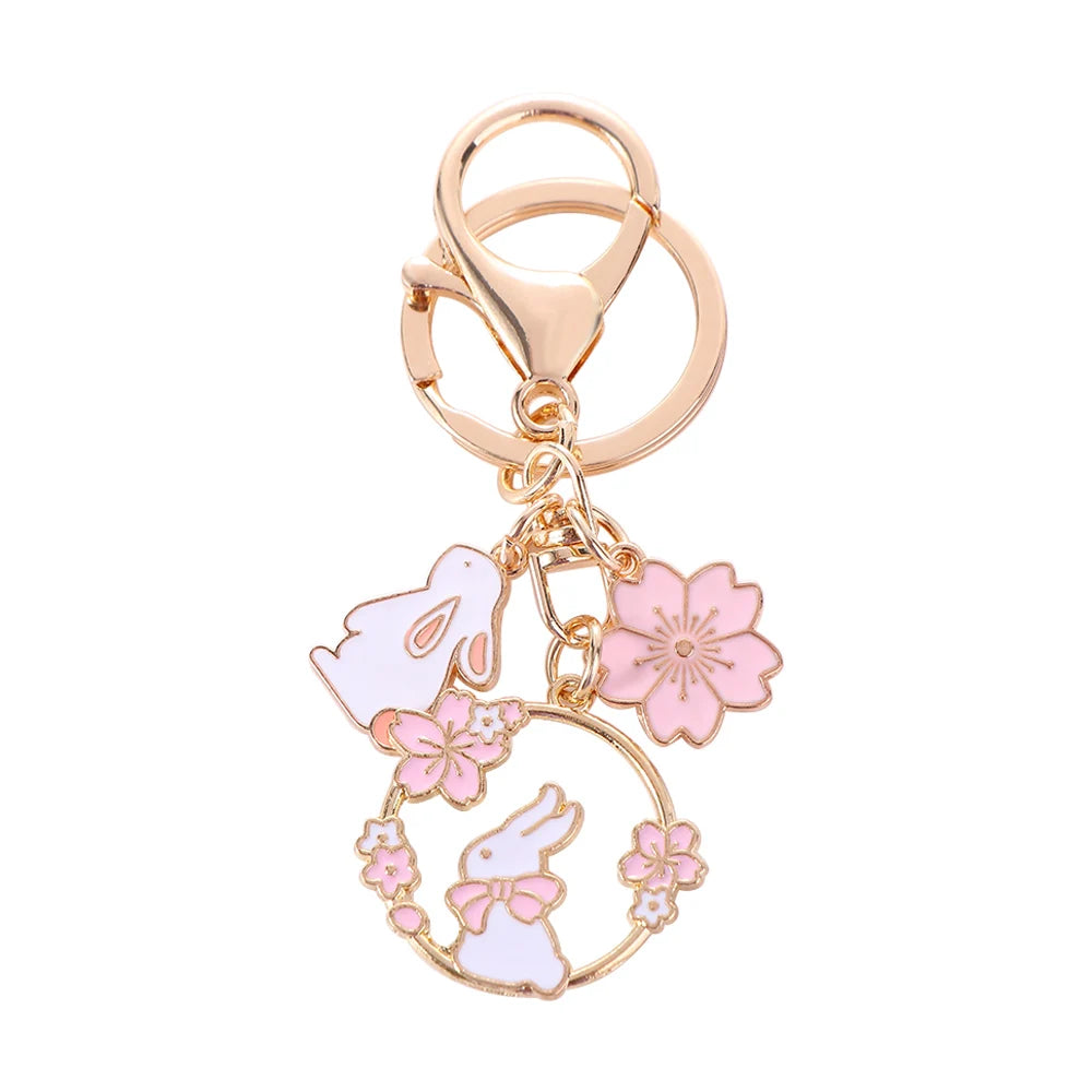 Pink Sakura Rabbit and Cat Keychain