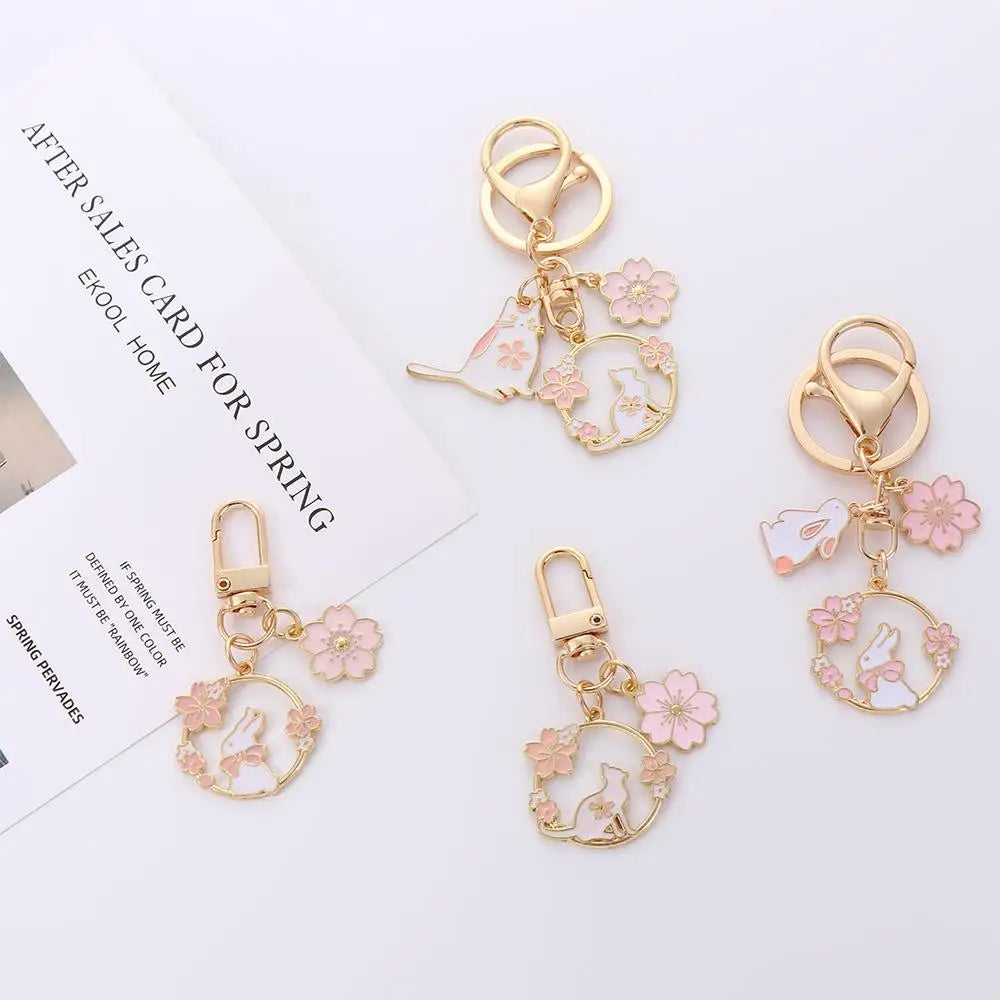 Pink Sakura Rabbit and Cat Keychain
